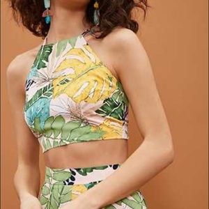 Forever21 Tropical Pink Leaf Halter Tie Crop Top